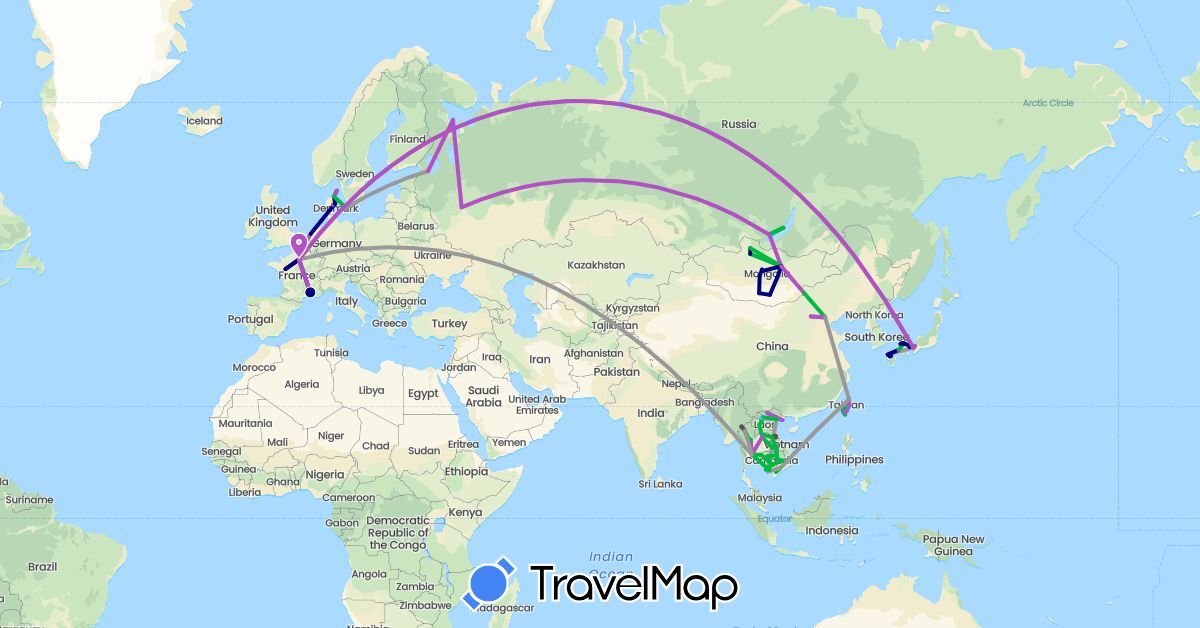 TravelMap itinerary: driving, bus, plane, cycling, train, boat, motorbike in China, Denmark, France, Japan, Cambodia, Laos, Mongolia, Netherlands, Russia, Thailand, Taiwan, Vietnam (Asia, Europe)